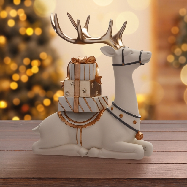 Picture of 24cm White / Gold Sitting Reindeer