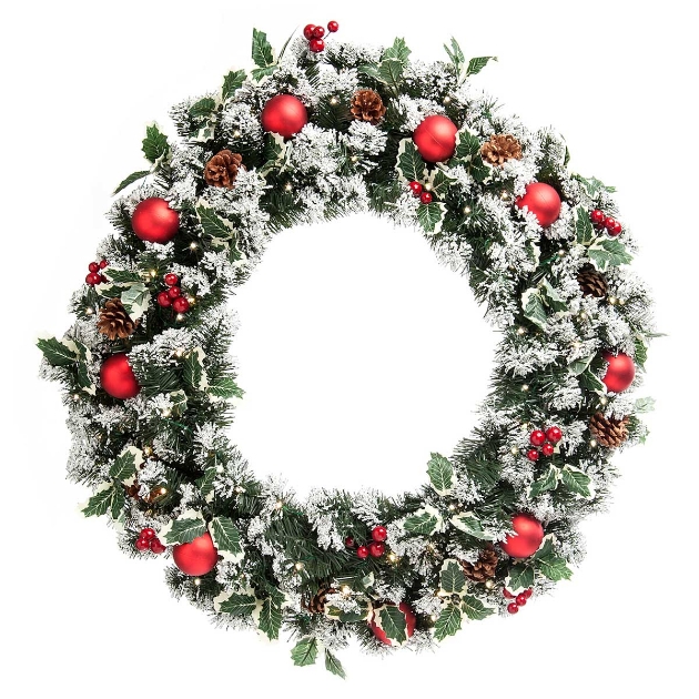 Picture of Lit Frosted Holly Wreath