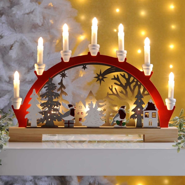 Picture of Lit Robin Scene Red Candle Bridge